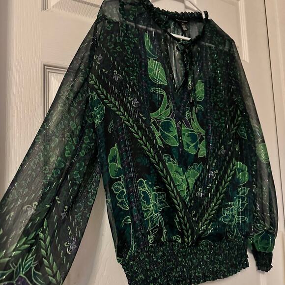 White House Black Market Women's Blouse Lurex Long Sleeve Print Blouse Size S - Picture 6 of 6